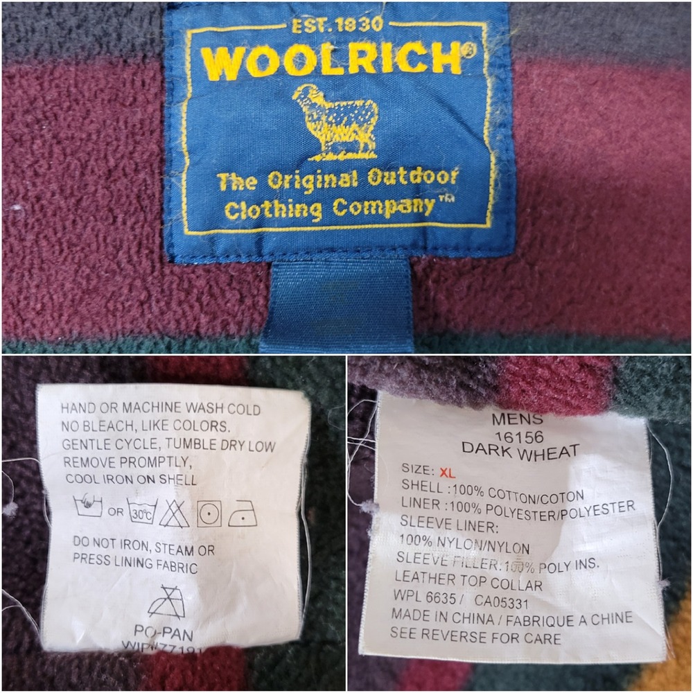 Vintage Woolrich Canvas Trucker Jacket Tan Leather Collar Striped Blanket Lined - Picture 8 of 9